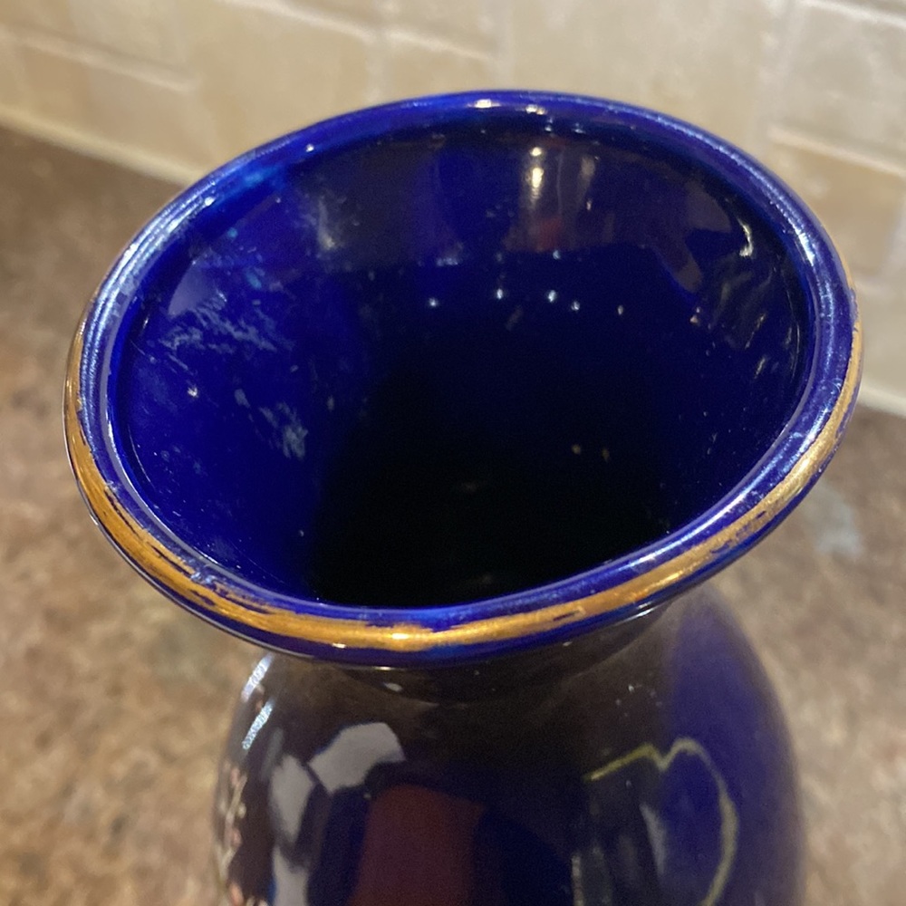 Vintage Japanese Vase Cobalt Blue With Birds & Pink Blossoms 11” Tall - Picture 4 of 4